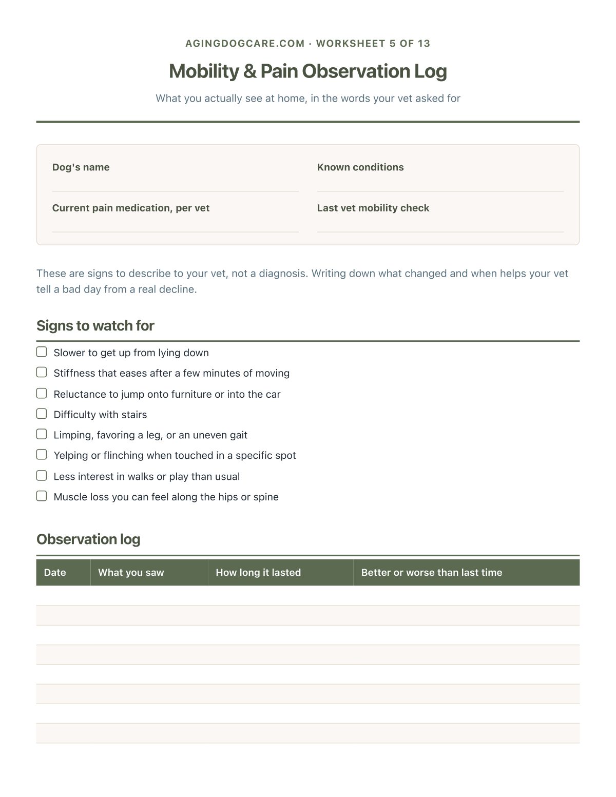 Mobility & Pain Observation Log